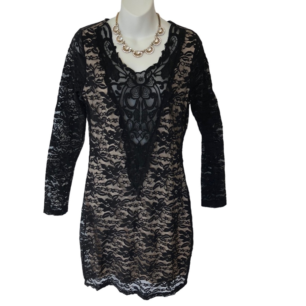 Black Lace Long Sleeve V-Neck Dress Sexy Bodycon Fit Size Large 12 by Manito